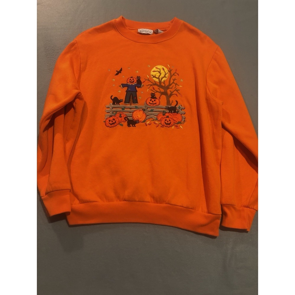 Halloween Sweatshirt Vintage Basic Editions Cat Pumpkin Women's XL Orange